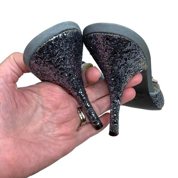 Hale Bob Bo Blue Glitter Heels Rhinestones Jewels Bows 8.5 Slides Mules - Picture 6 of 11